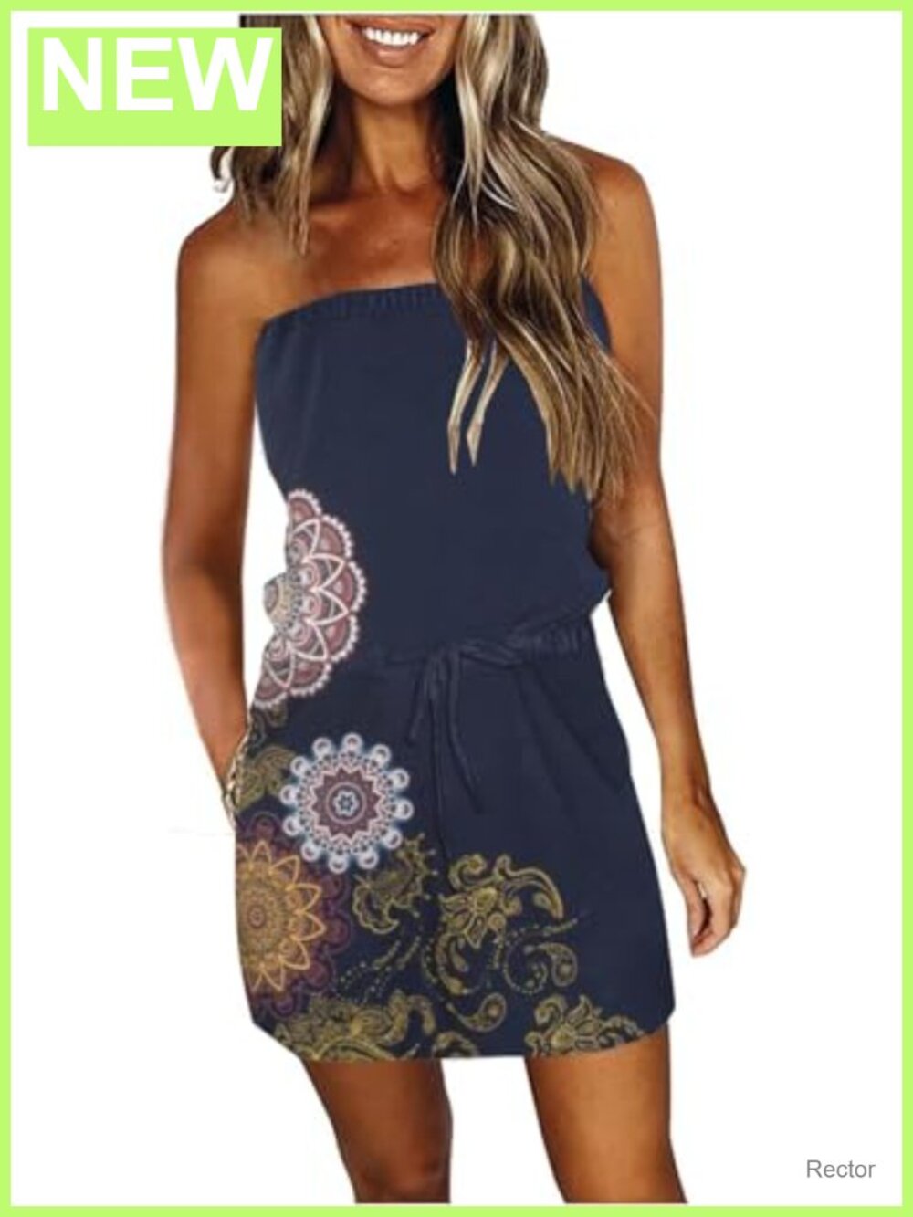 Women's Strapless Mini Dress Beach Cover Up Sundress with Pockets